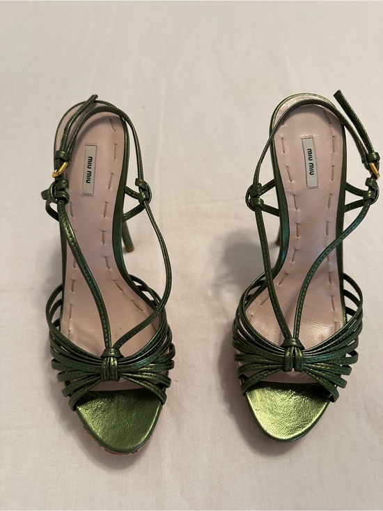 Miu Miu Shoes - Miu Miu Metallic Olive Green Strappy Knot-Heel Sandals